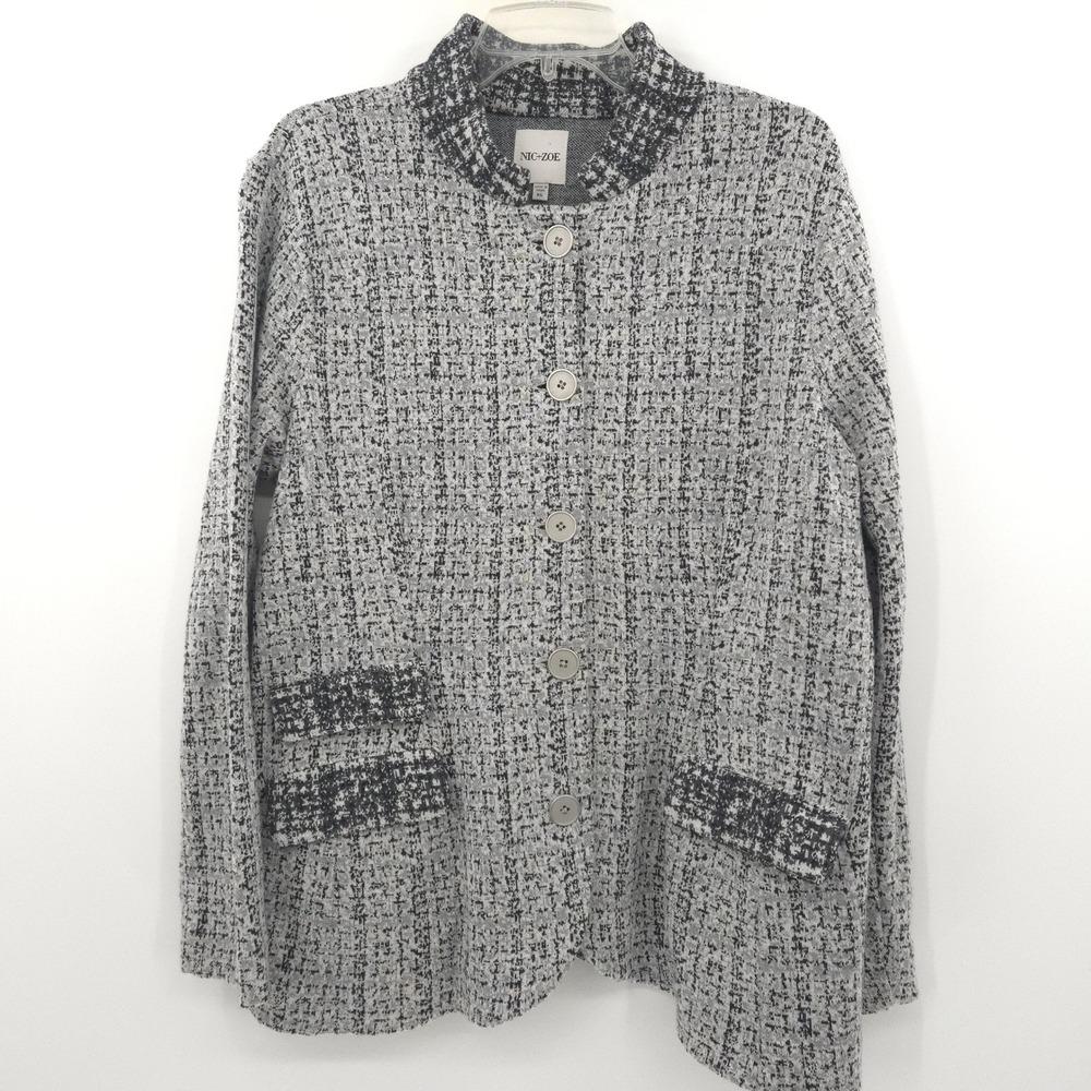NIC+ZOE Cardigan Jacket Women XL Gray Black Tweed Knit Button Front Cotton